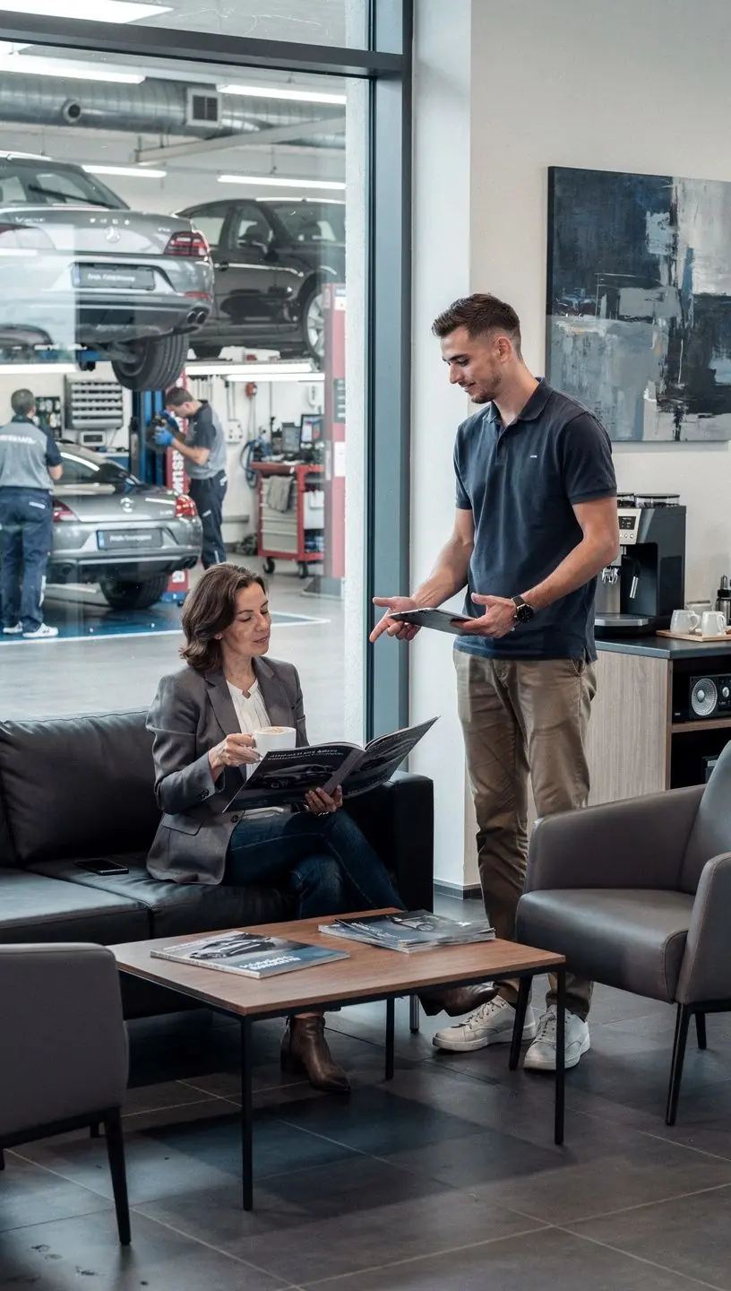 Sorgfältige Lackinspektion und Korrekturarbeiten an einem hochwertigen deutschen Automobil im Servicezentrum