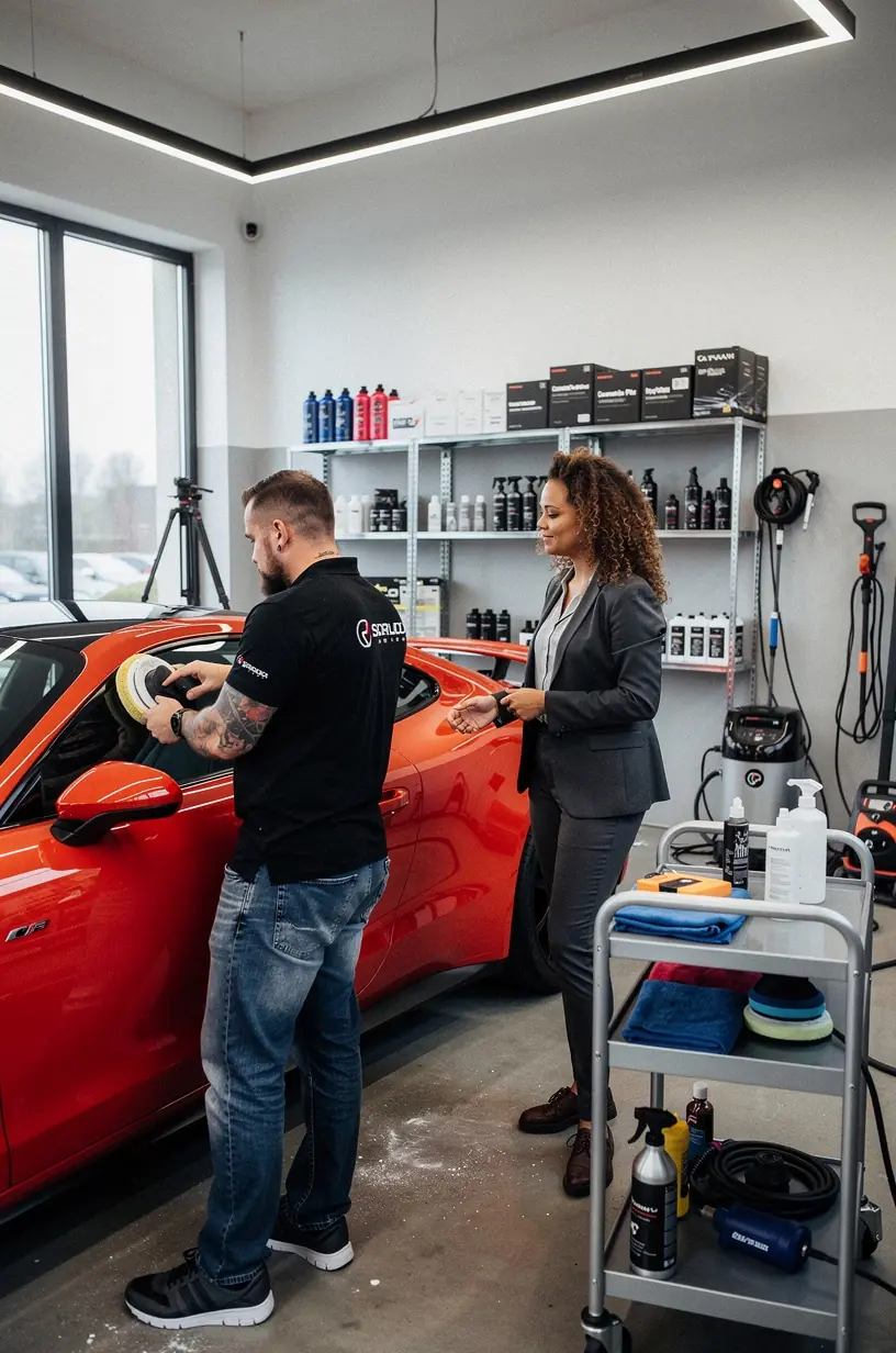 Professionelles Team bespricht Wartungsplan für Luxusfahrzeug in einem deutschen Auto-Service-Studio